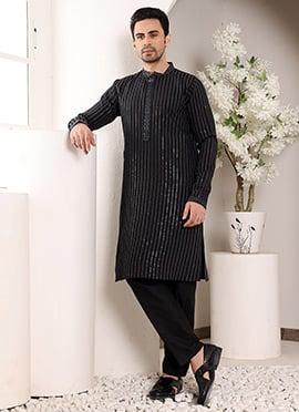 Black Viscose Silk Embroidered Sequin Kurta For Men