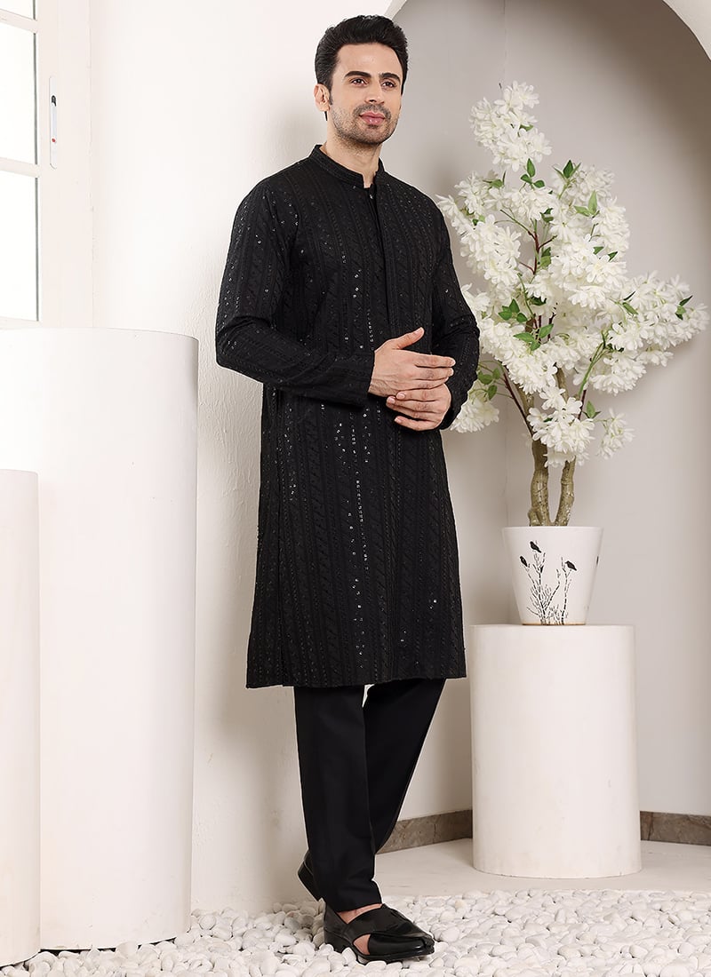 Black Viscose Silk Embroidered Sequin Kurta For Men