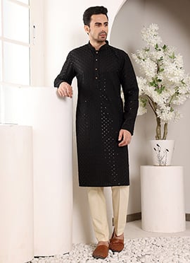 Black Viscose Silk Embroidered Sequin Kurta For Men