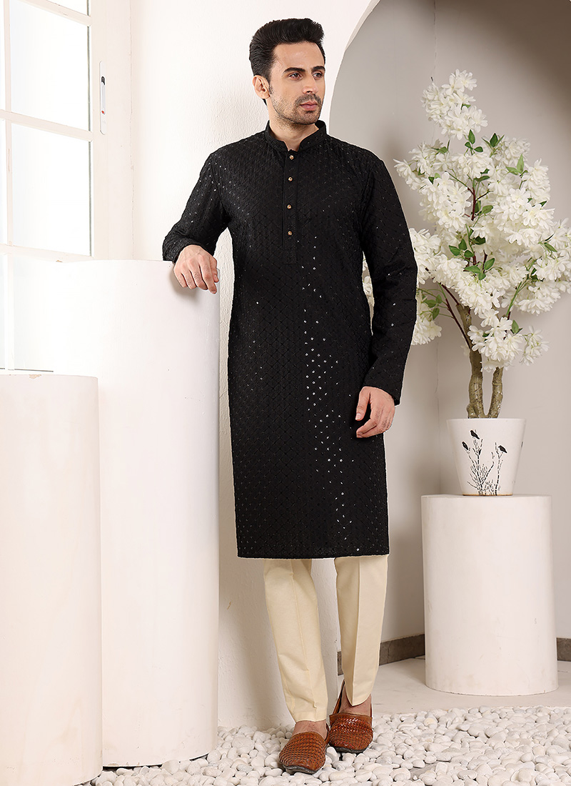 Black Viscose Silk Embroidered Sequin Kurta For Men
