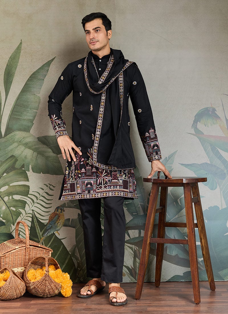 Black Viscose Silk Embroidered Sequins Kurta