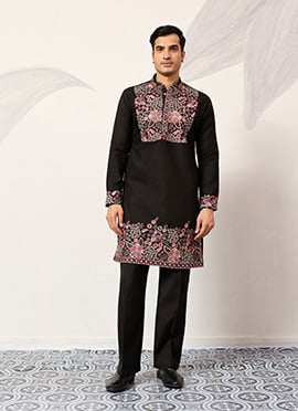 Black Viscose Silk Embroidered Sequins Kurta Pyjama For Men