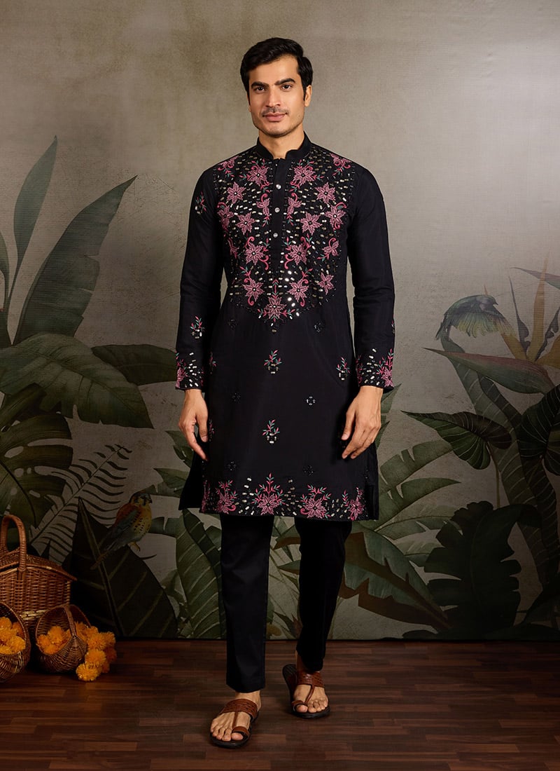 Black Viscose Silk Embroidered Sequins Men Kurta