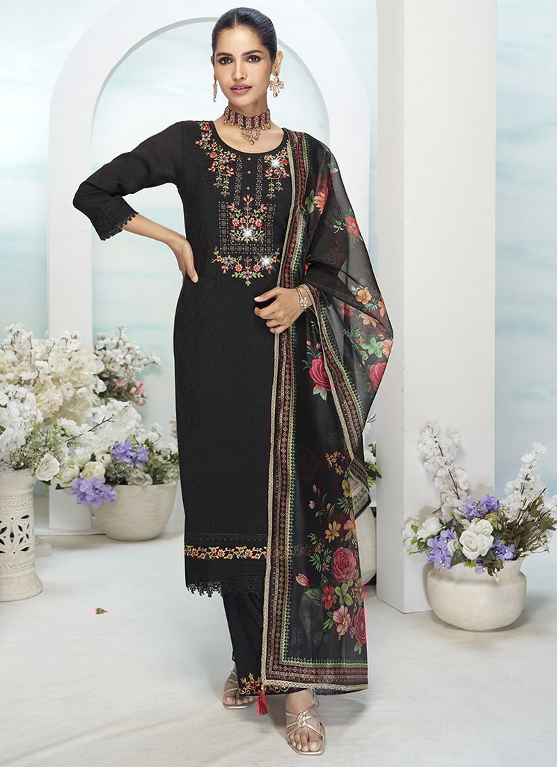 Black Viscose Silk Embroidered Sequins Straight Pant Suit Festive Wear