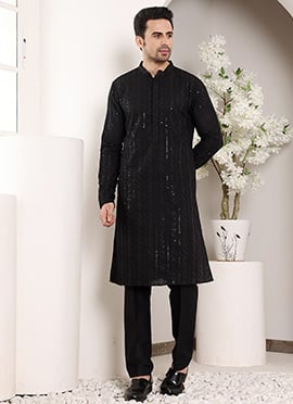 Black Viscose Silk Sequins Embroidered Kurta Pyjama