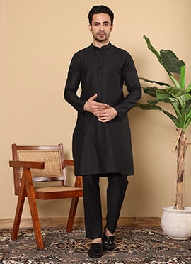 Black Viscose Silk Solid Kurta For Men