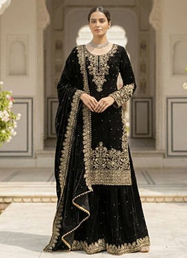 Black Viscose Velvet Sequins Embroidered Moti Thread Palazzo Suit