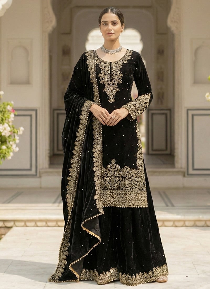 Black Viscose Velvet Sequins Embroidered Moti Thread Palazzo Suit Festive Wear