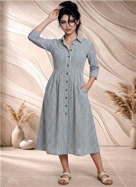Black White Printed Cotton Shirt Midi Dress