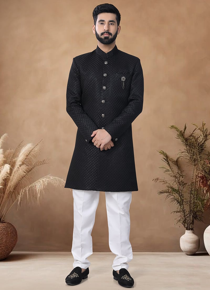 Black Woven Jacquard Embroidered Thread Classic Sherwani
