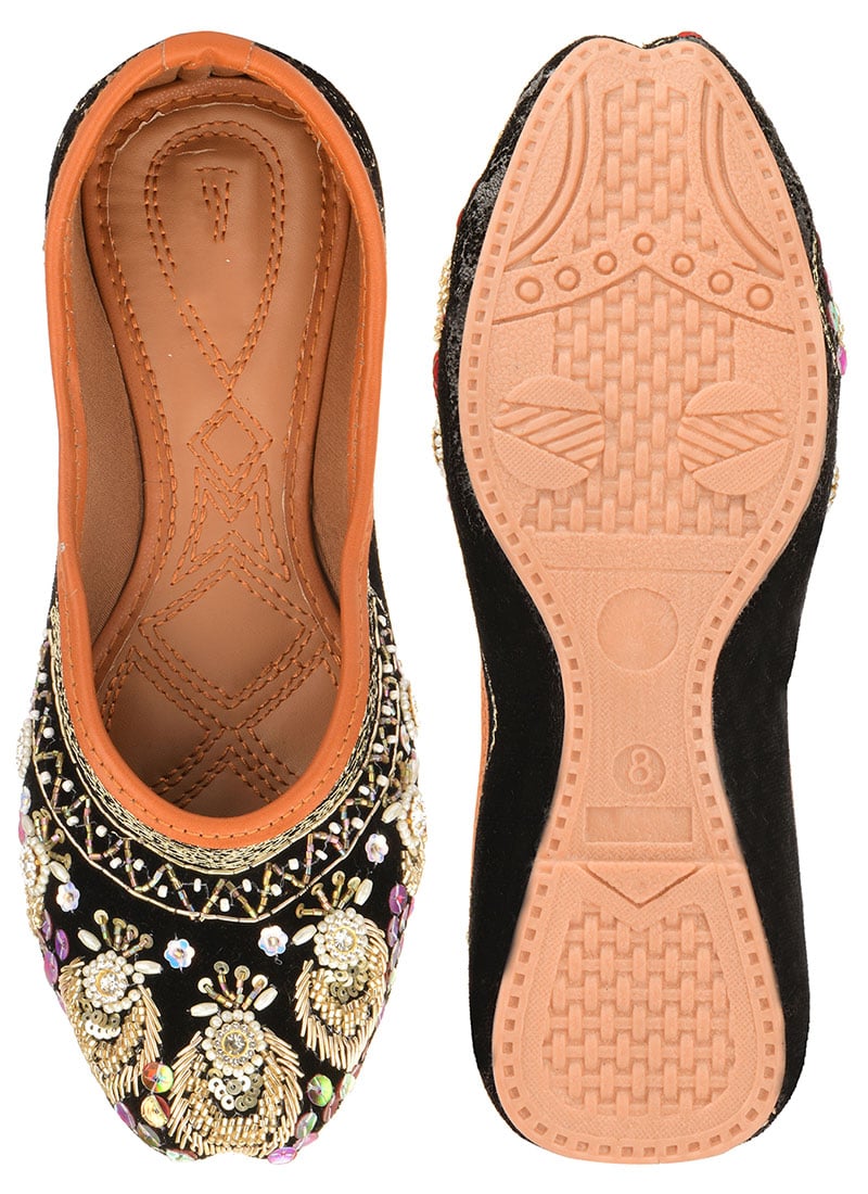 Black Zardosi Hand Embroidered Sequins Stone Work Juti