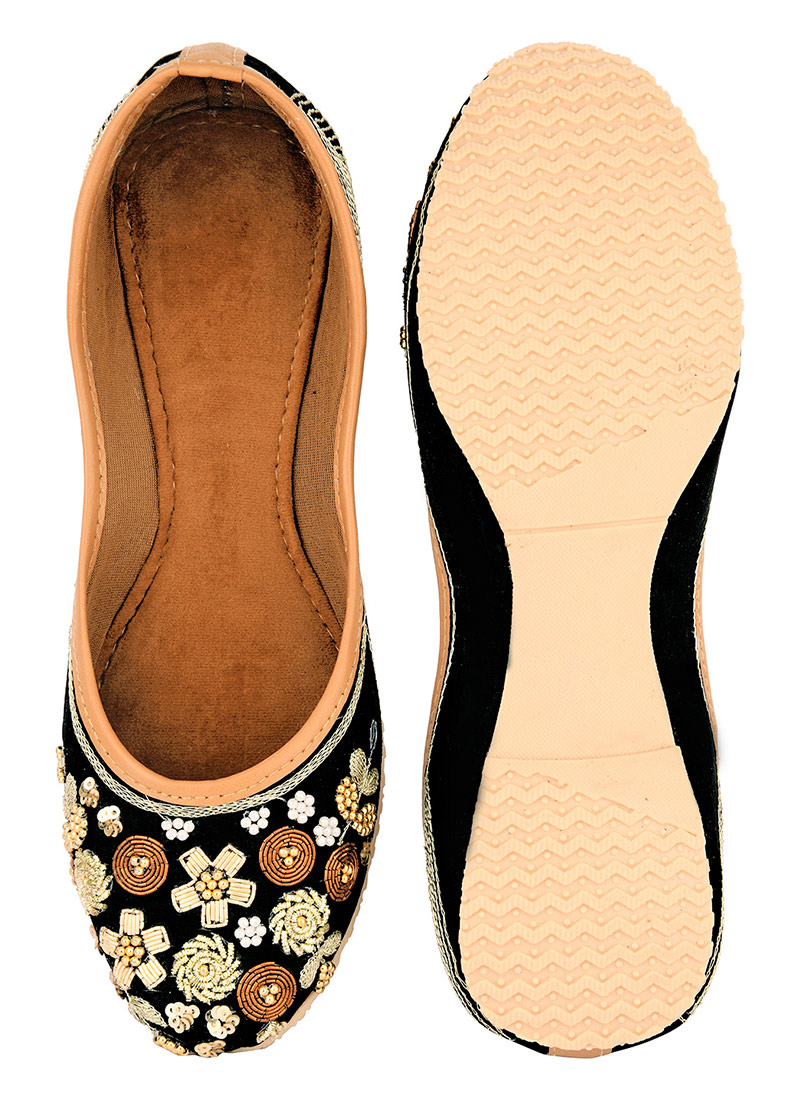 Black Zardosi Hand Embroidered Sequins With Moti Work Juti