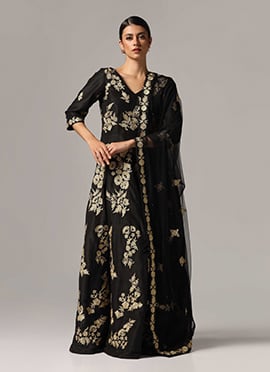 Black Zari And Stone Embossed Pure Silk Pakistani Anarkali Suit