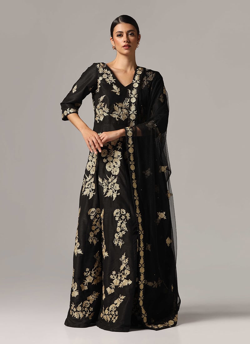 Black Zari And Stone Embossed Pure Silk Pakistani Anarkali Suit Wedding Wear