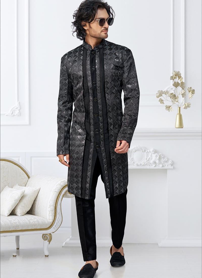 Black Zari Banarasi Jacquard Silk Embroidered Sequins Thread Indowestern Sherwani Festive Wear
