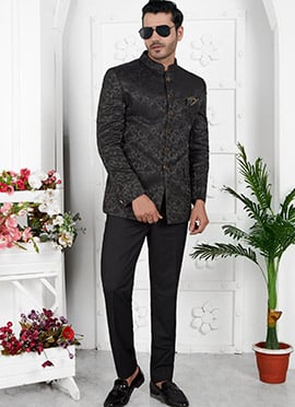 Blazing Black Jacquard Silk Bandhgala Jodhpuri Suits