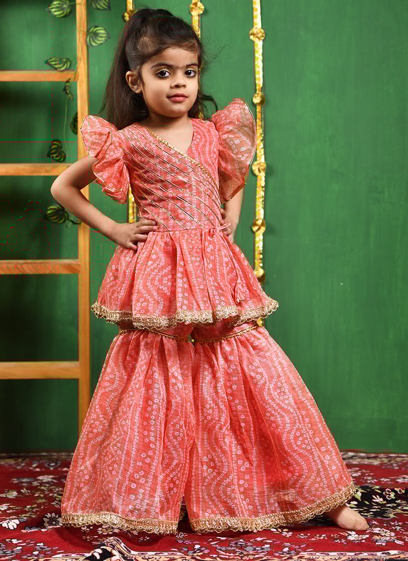Blended Cotton Bandhini Kids Girls Kurta Sharara Set With Gold Lace Patti
