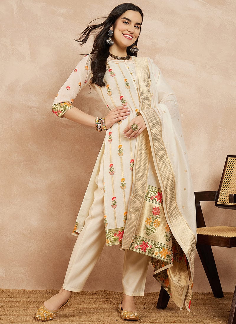 Blended Cotton Chanderi Straight Pant Suit After Six Wear