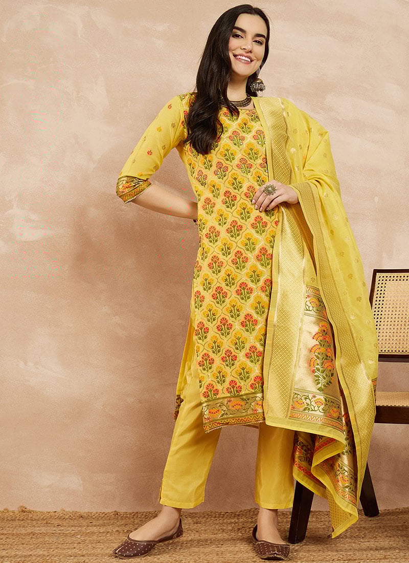Blended Cotton Chanderi Straight Pant Suit After Six Wear
