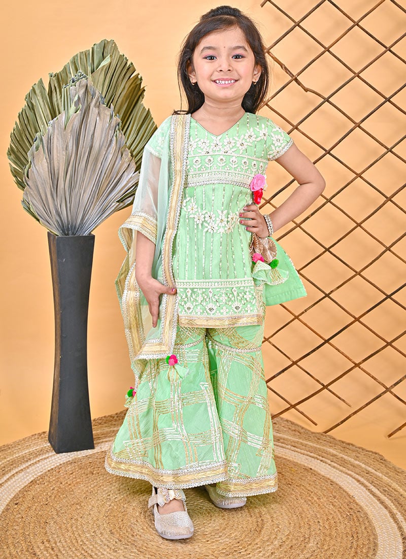 Blended Cotton Embroidered Kids Girls Sharara Suit Party Wear