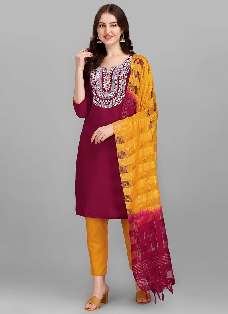 Blended Cotton Embroidered Straight Pant Suit With Sweetheart Neck And Three Quarter Sleeve