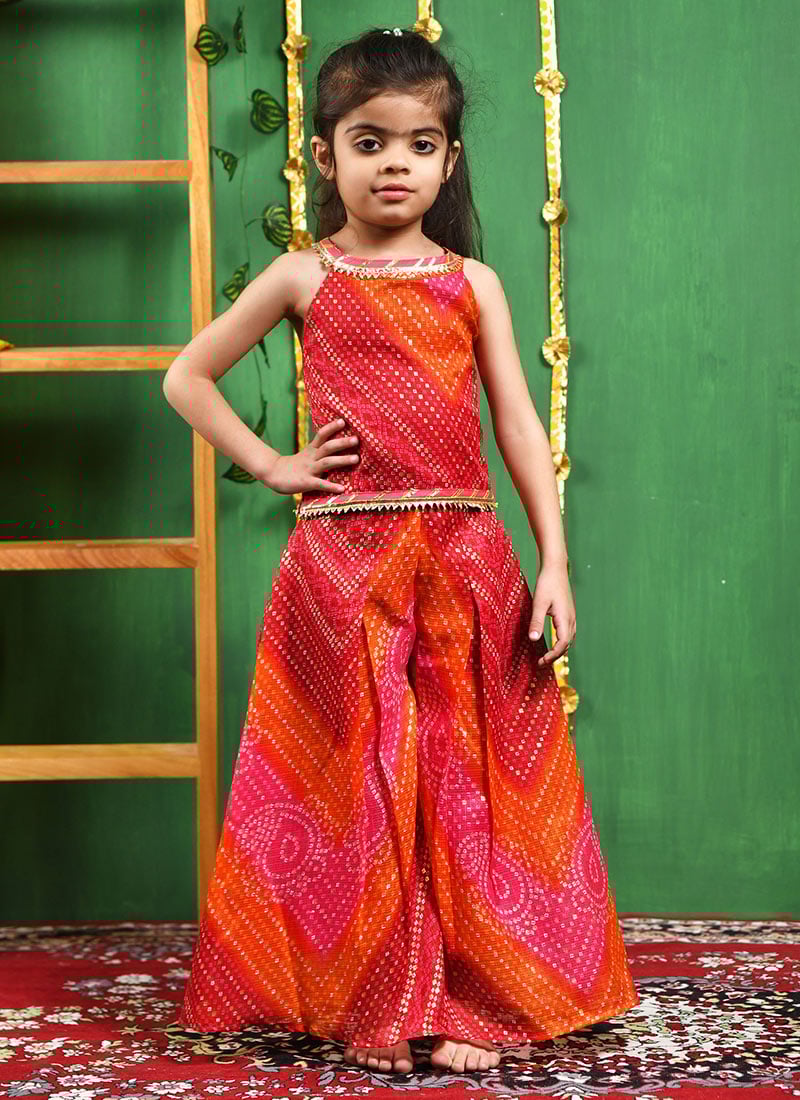 Blended Cotton Kota Kids Girls Kurta Palazzo Set With Gold Lace Patti