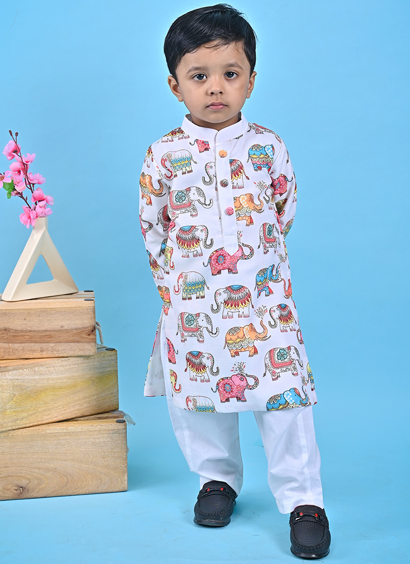 Blended Cotton Printed Kids Boys Kurta Pyjama With Collar Neck And Full Sleeve Party Wear