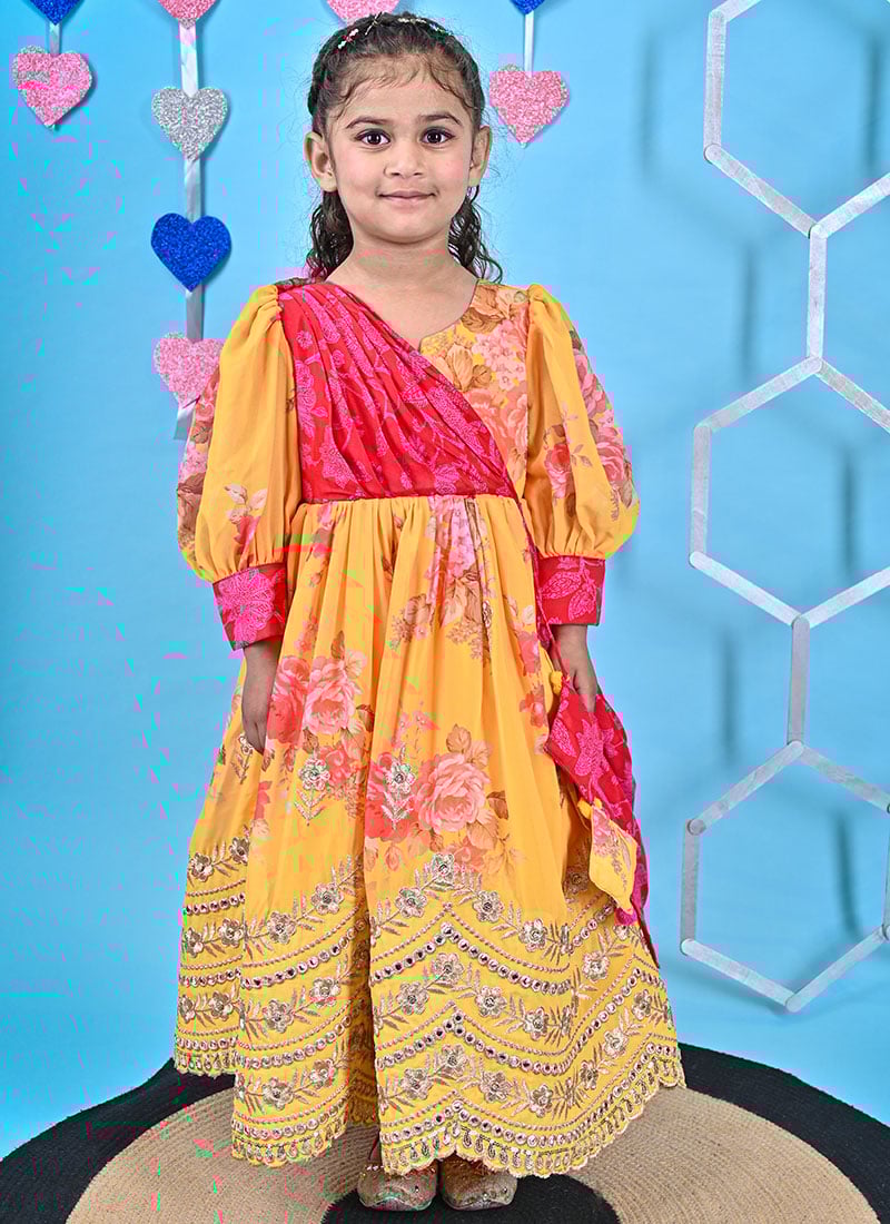 Blended Cotton Printed Kids Girls Anarkali Suit Party Wear