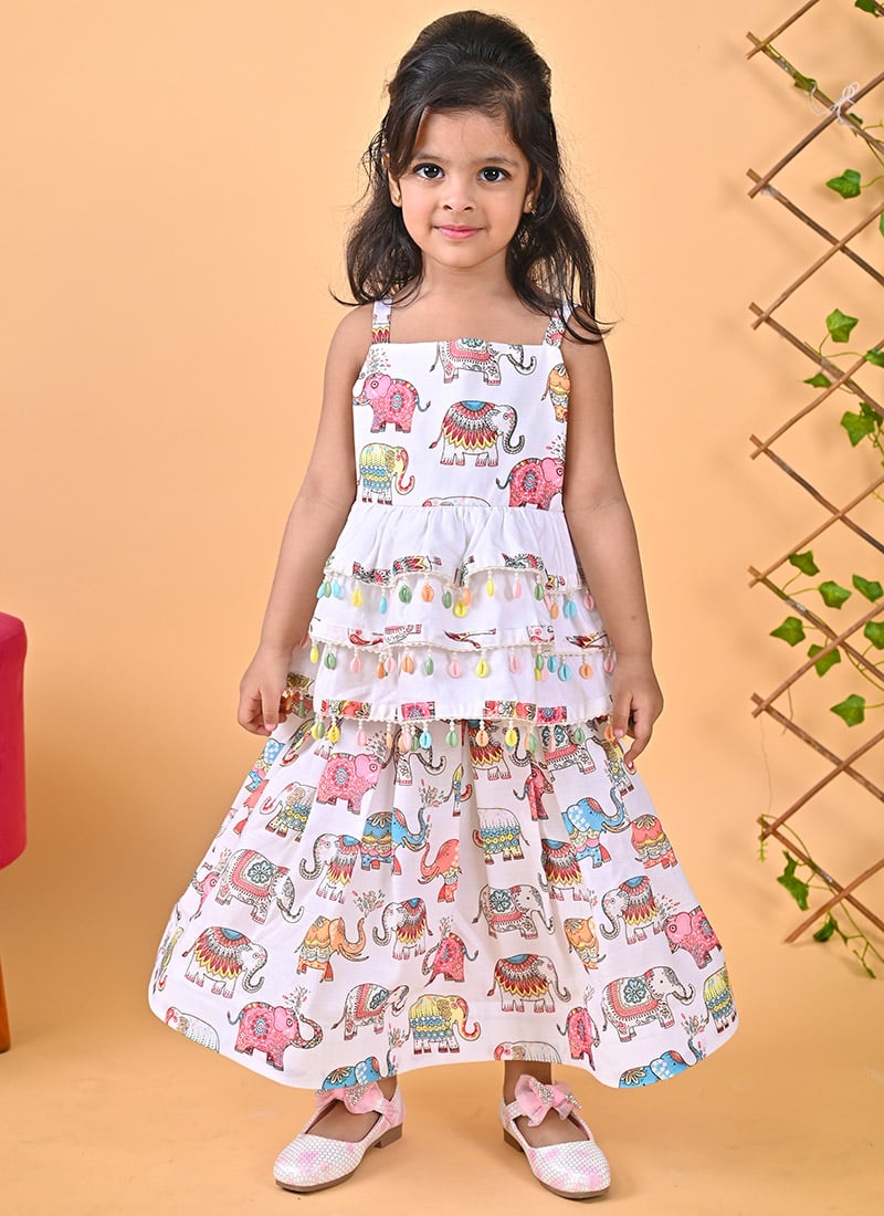 Blended Cotton Printed Kids Girls Indowestern Sets And Suits With Square Neck And Sleeveless Party Wear