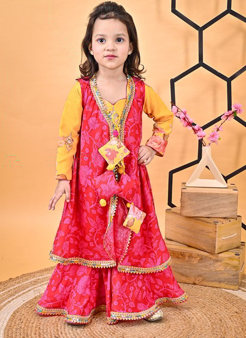 Blended Cotton Printed Kids Girls Sharara Suit Party Wear