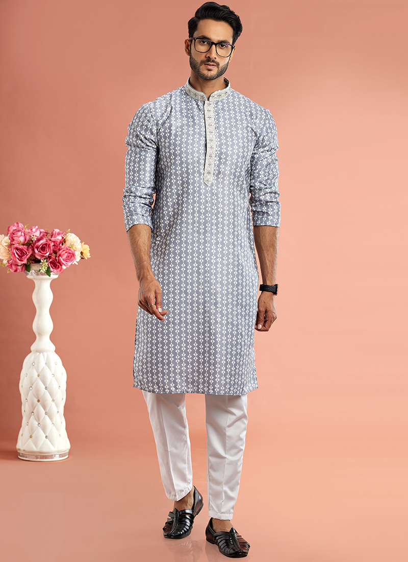 Blended Cotton Printed Kurta Pyjama Party Wear