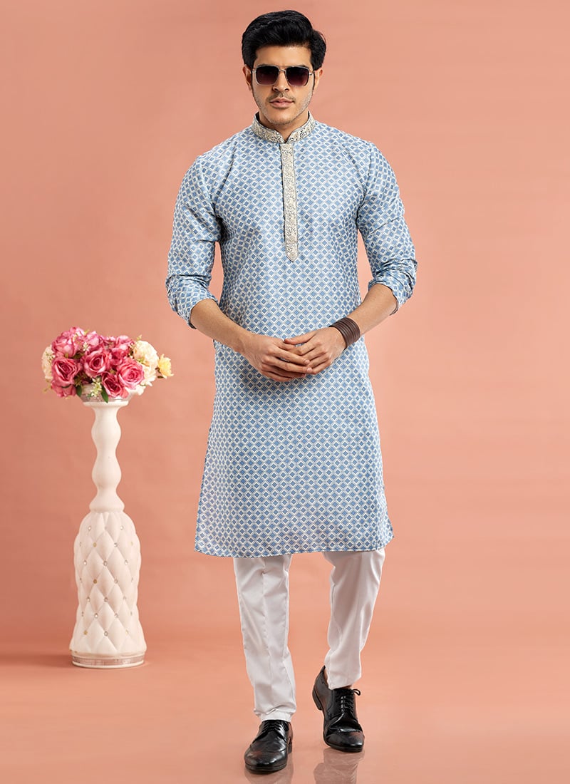 Blended Cotton Printed Kurta Pyjama Party Wear