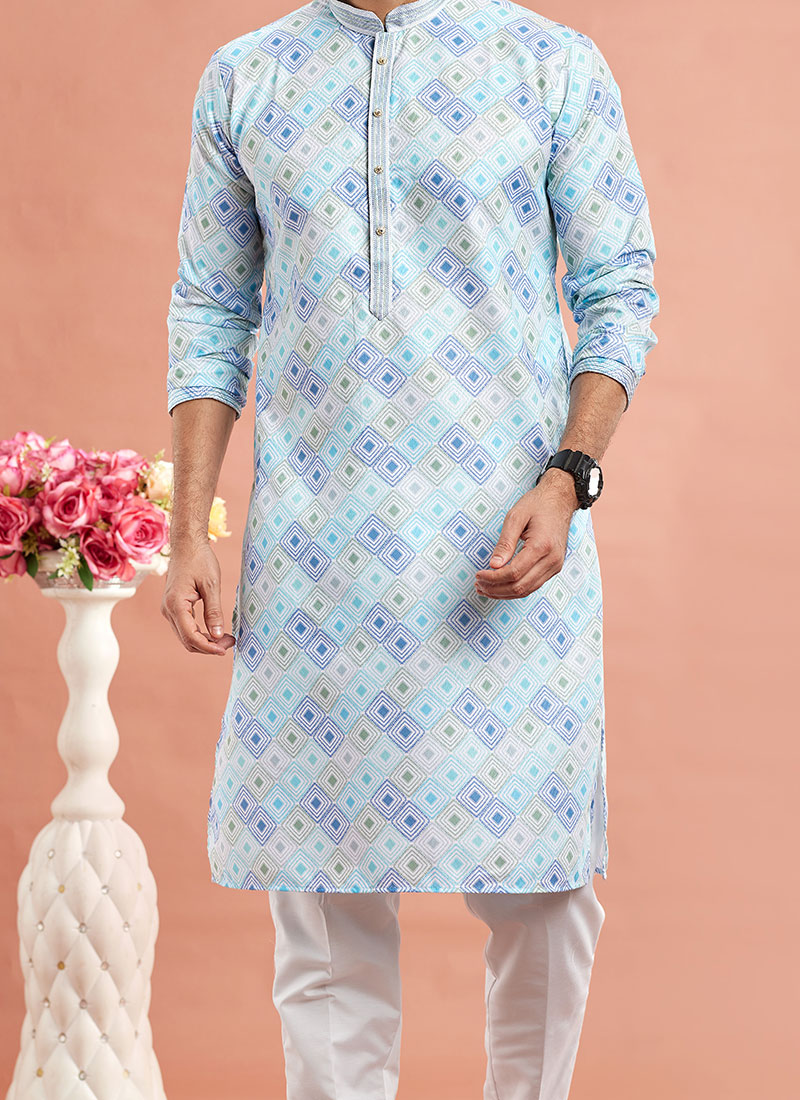 Royal Blue Silk Kurta With Pajama Set For Father-Son