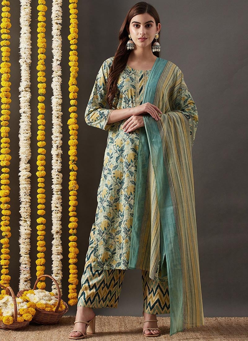 Blended Cotton Printed Straight Pant Suit After Six Wear