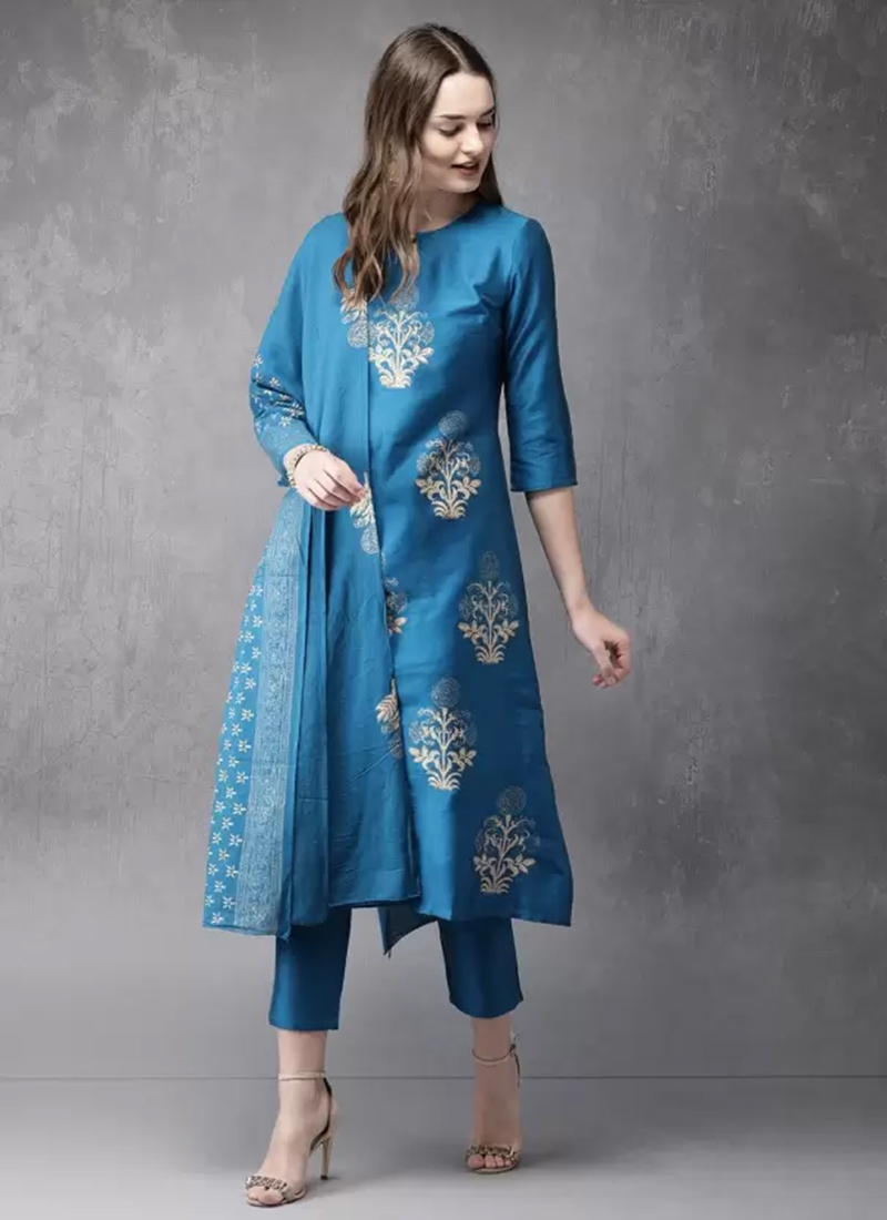 Buy Blended Cotton Printed Straight Pant Suit With Round Neck And Three
