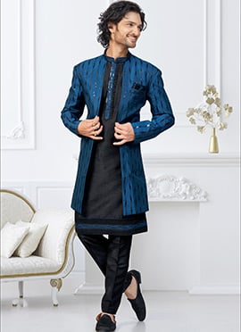 Blue  Black Banarasi Silk Sequins Indowestern Sherwani