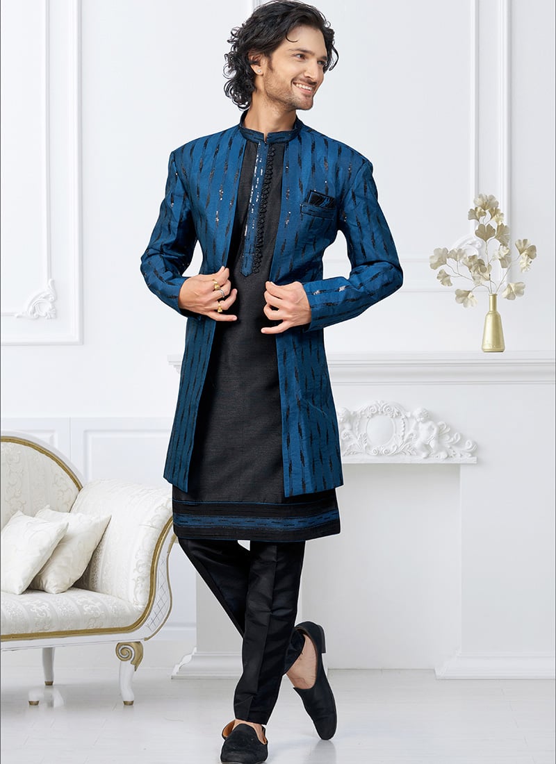 Blue  Black Banarasi Silk Sequins Indowestern Sherwani Festive Wear