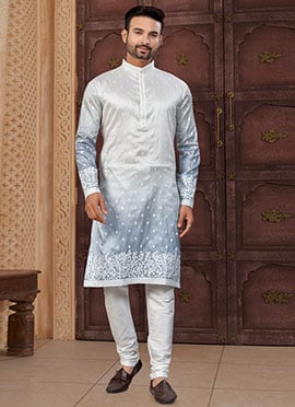 Blue  Off White Pewor Silk Sequins Embroidered Thread Classic Sherwani