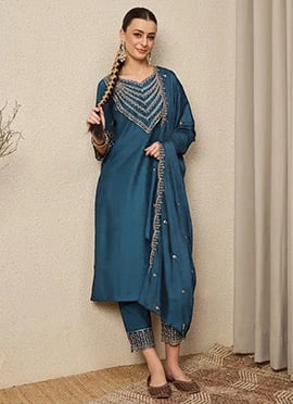 Blue  Silk Embroidered Straight Pant Suit