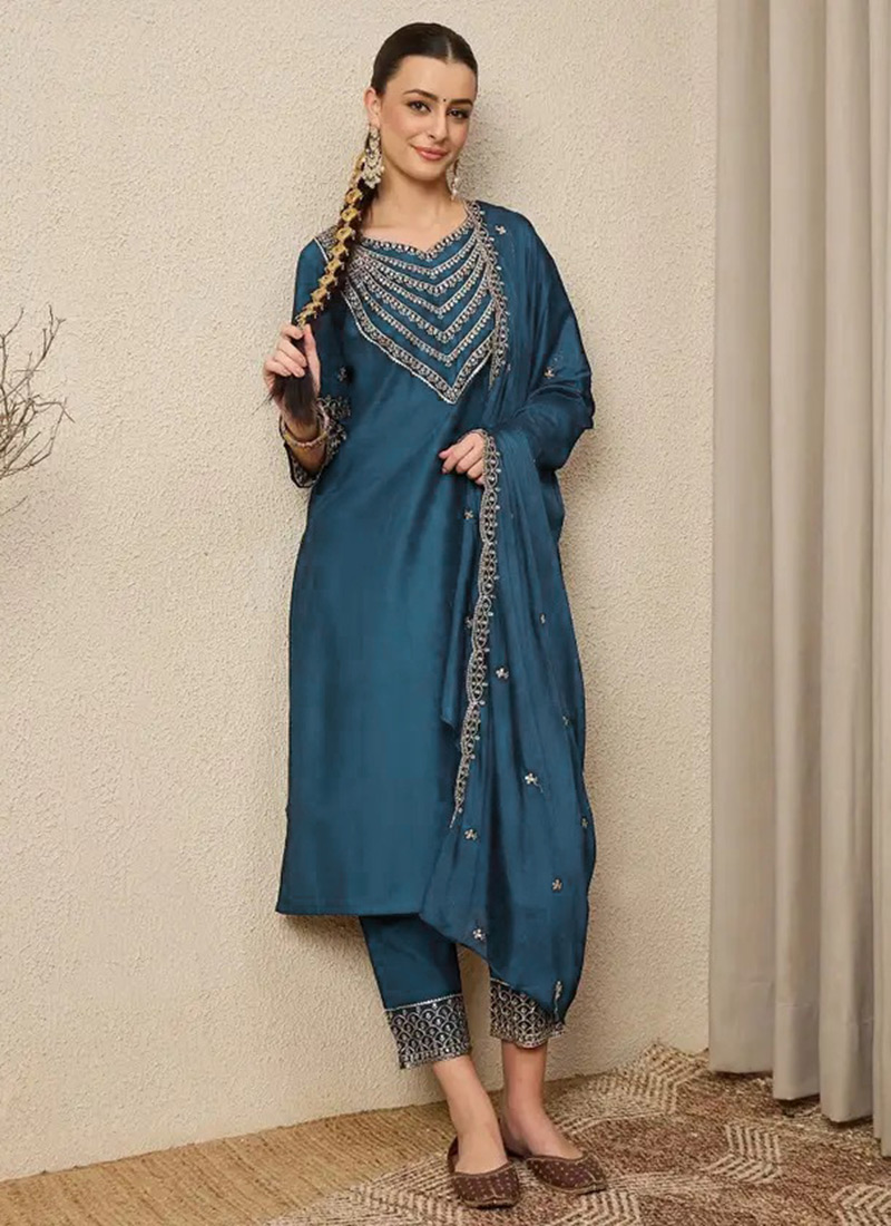 Blue Silk Embroidered Straight Pant Suit After Six Wear