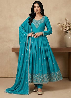 Blue American Silk Embroidered Sequin Anarkali Suit
