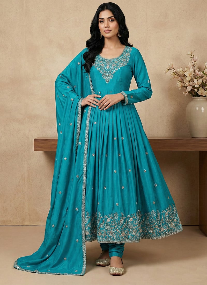 Blue American Silk Embroidered Sequin Anarkali Suit Festive Wear