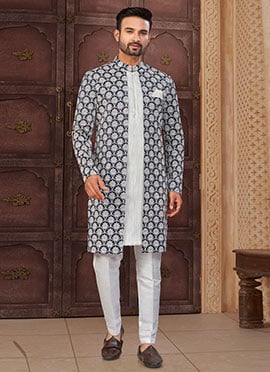 Blue and Off White Malai Silk Embroidered Sequins Thread Indowestern Sherwani