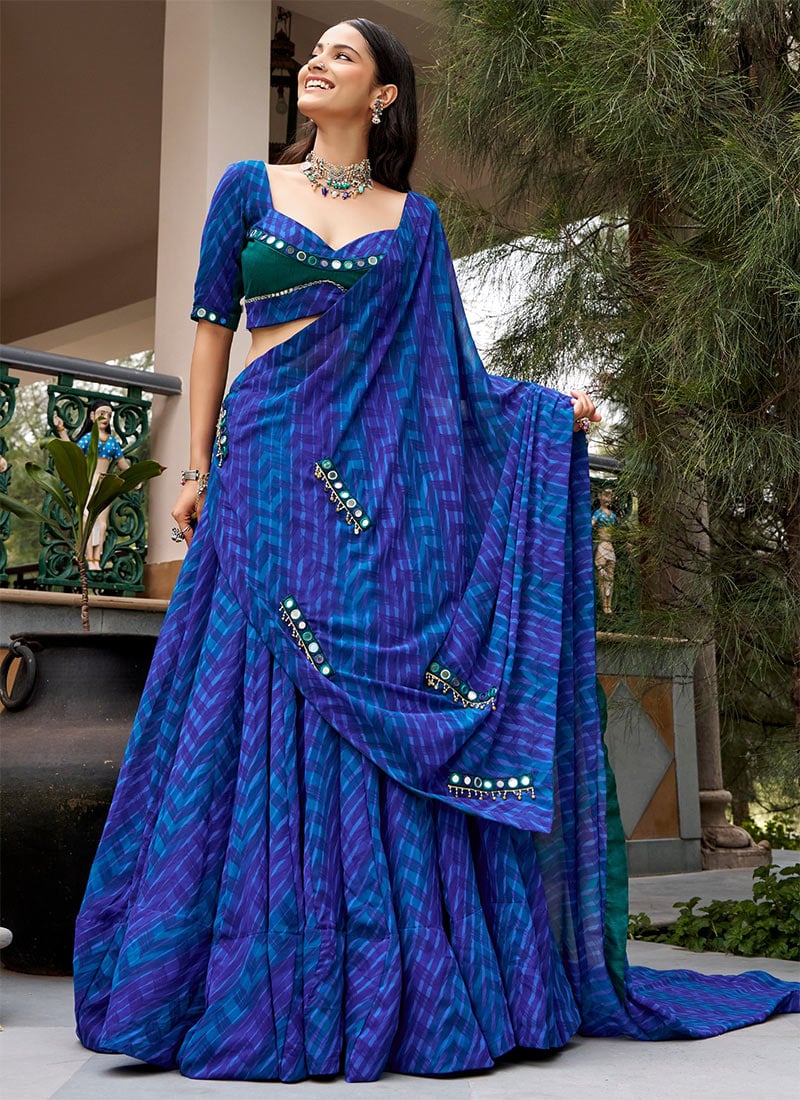 Blue and Purple Printed Lehenga Choli with Mirror Work After Six Wear