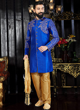 Blue Art Dupion Silk Indo western kurta Pyjama