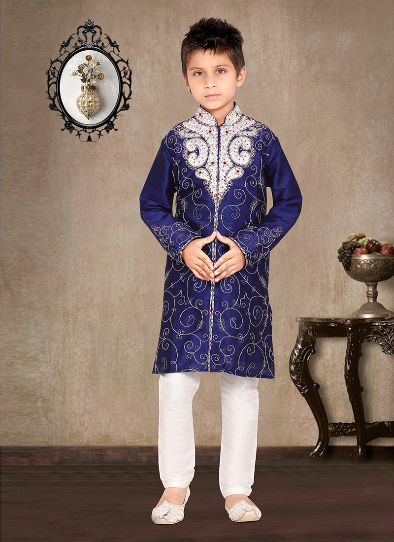 Blue Art Dupion Silk Kids Kurta Pyjama