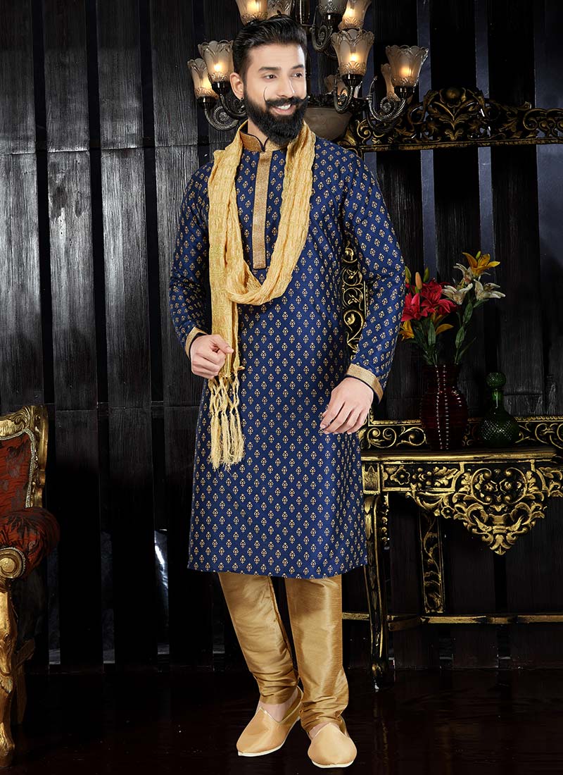 Navy Blue Art Dupion Silk kurta Pyjama