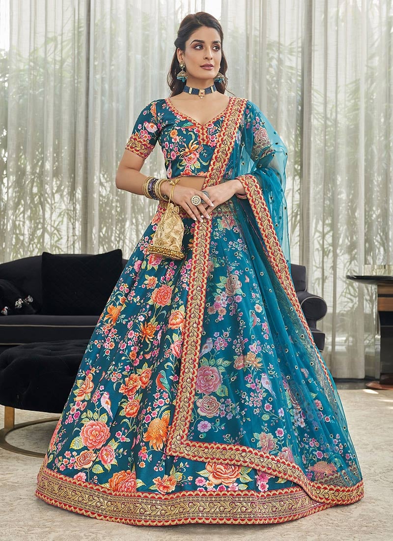 Blue Art Silk Digital Printed Umbrella Lehenga Party Wear