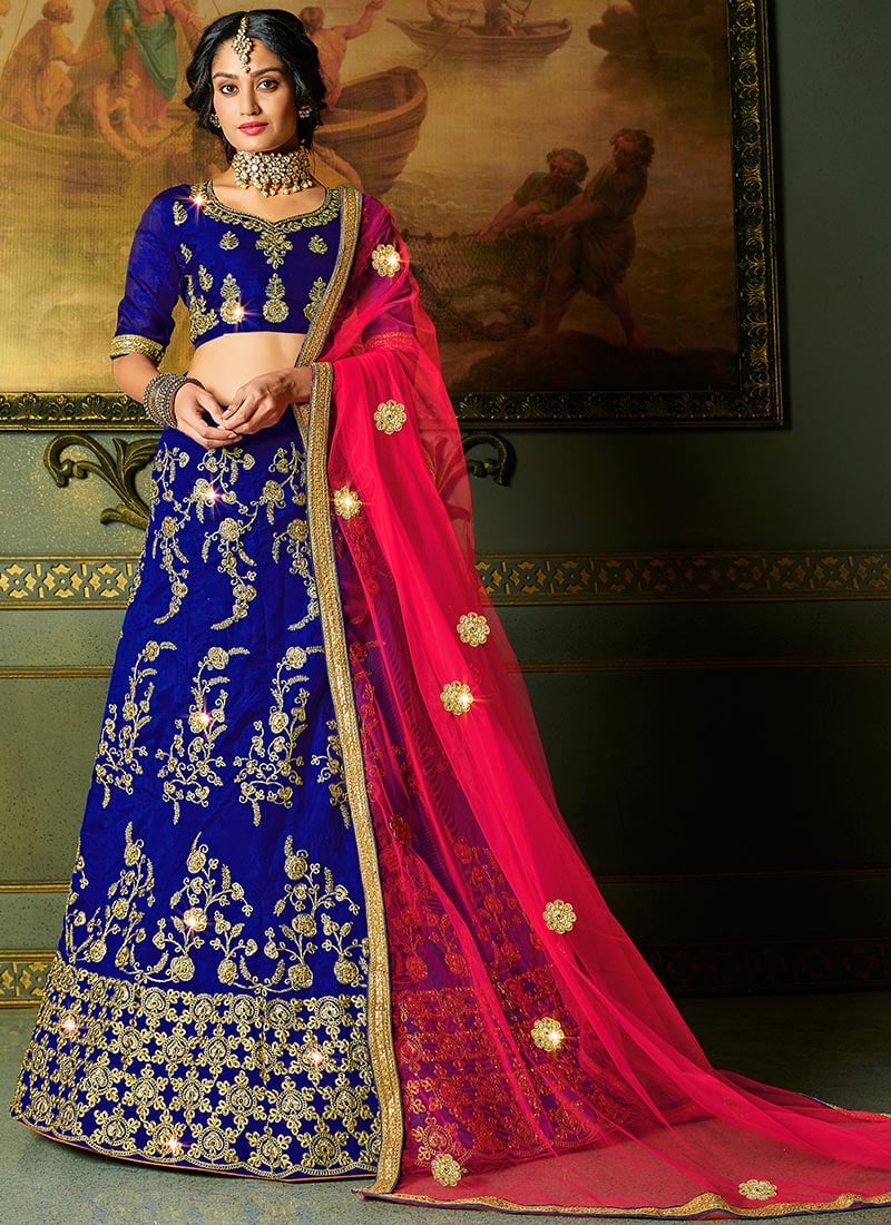 Blue Art Silk Embroidered A Line Lehenga Party Wear