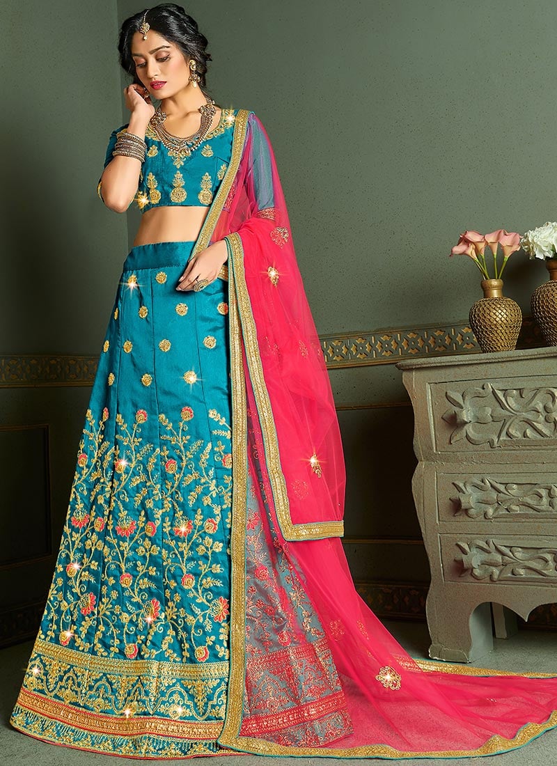Blue Art Silk Embroidered A Line Lehenga Party Wear